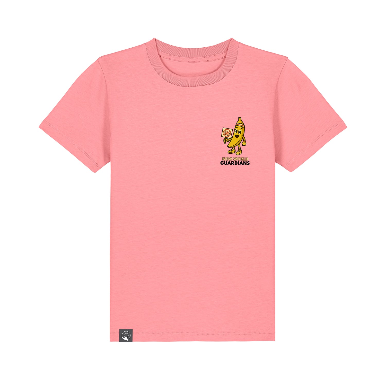 Roots for Our Future organic cotton kids t-shirt in pink with Bany hero design, ten color variations