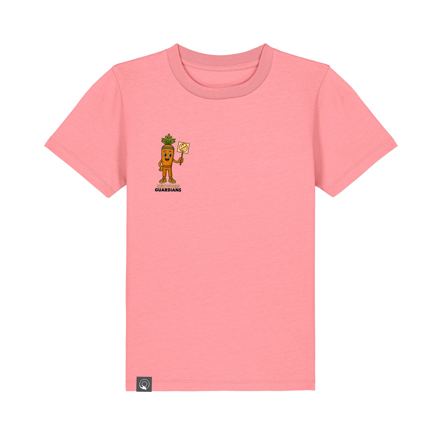 Roots for Our Future kids t-shirt pink in organic cotton with Crunch NEW WORLD GUARDIANS vegan hero print