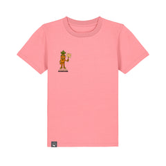Roots for Our Future kids t-shirt pink in organic cotton with Crunch NEW WORLD GUARDIANS vegan hero print