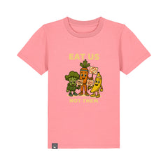 Pink organic cotton kids t-shirt with Full Squad vegan hero design, eco-friendly children’s fashion in 10 colors