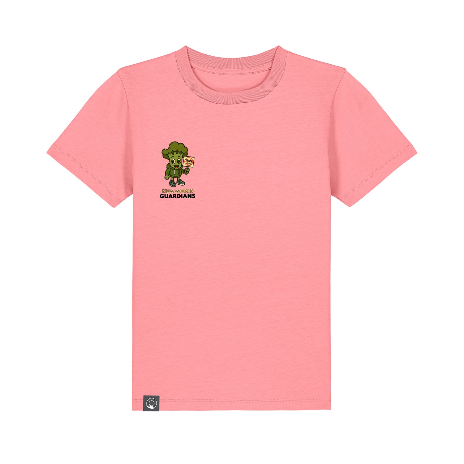 Pink kids t-shirt crafted from sustainable organic cotton with Steamy vegan hero design, available in ten colors
