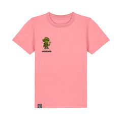 Pink kids t-shirt crafted from sustainable organic cotton with Steamy vegan hero design, available in ten colors