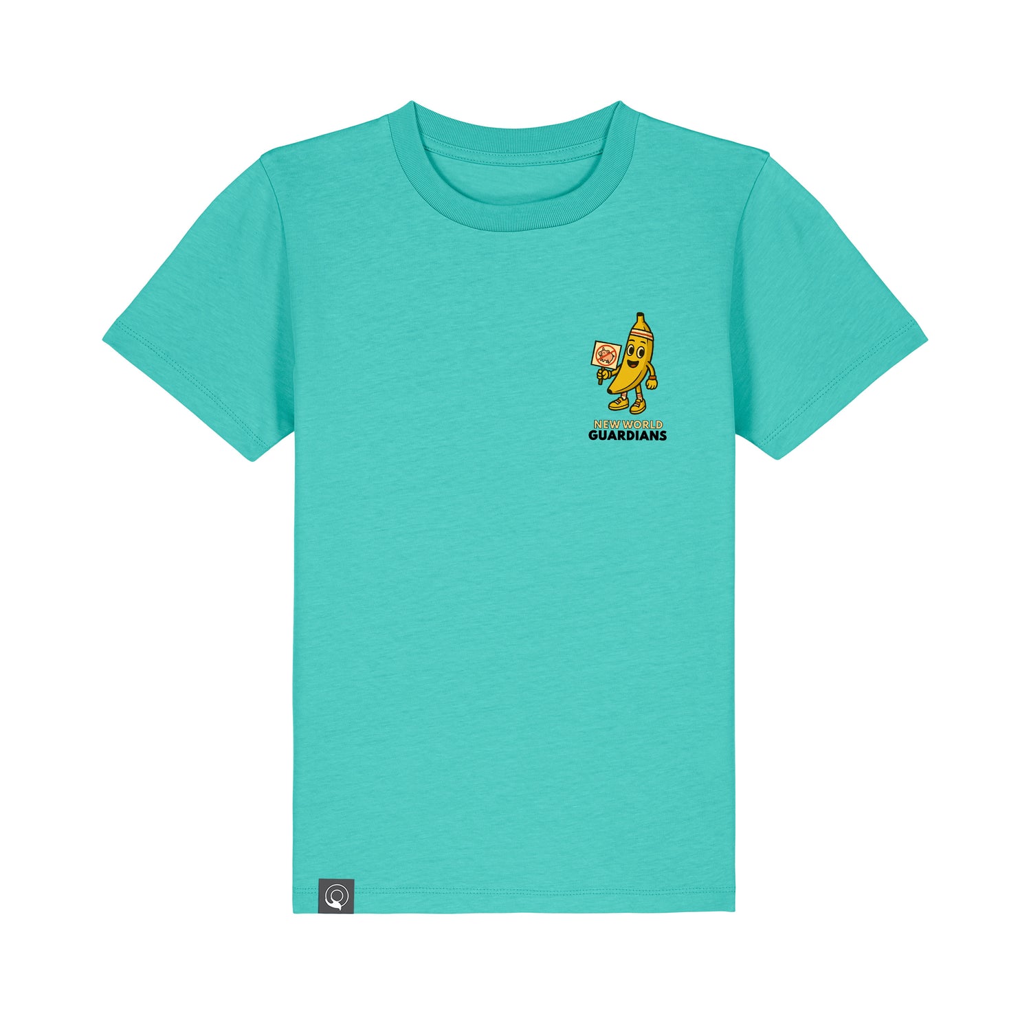 Sustainable kids’ organic cotton t-shirt green with Bany hero design, Roots for Our Future, 10 colors