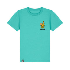 Sustainable kids’ organic cotton t-shirt green with Bany hero design, Roots for Our Future, 10 colors