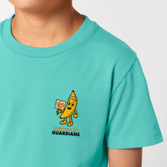 Roots for Our Future organic cotton kids t-shirt in pool blue with Bany hero design, ten color variations