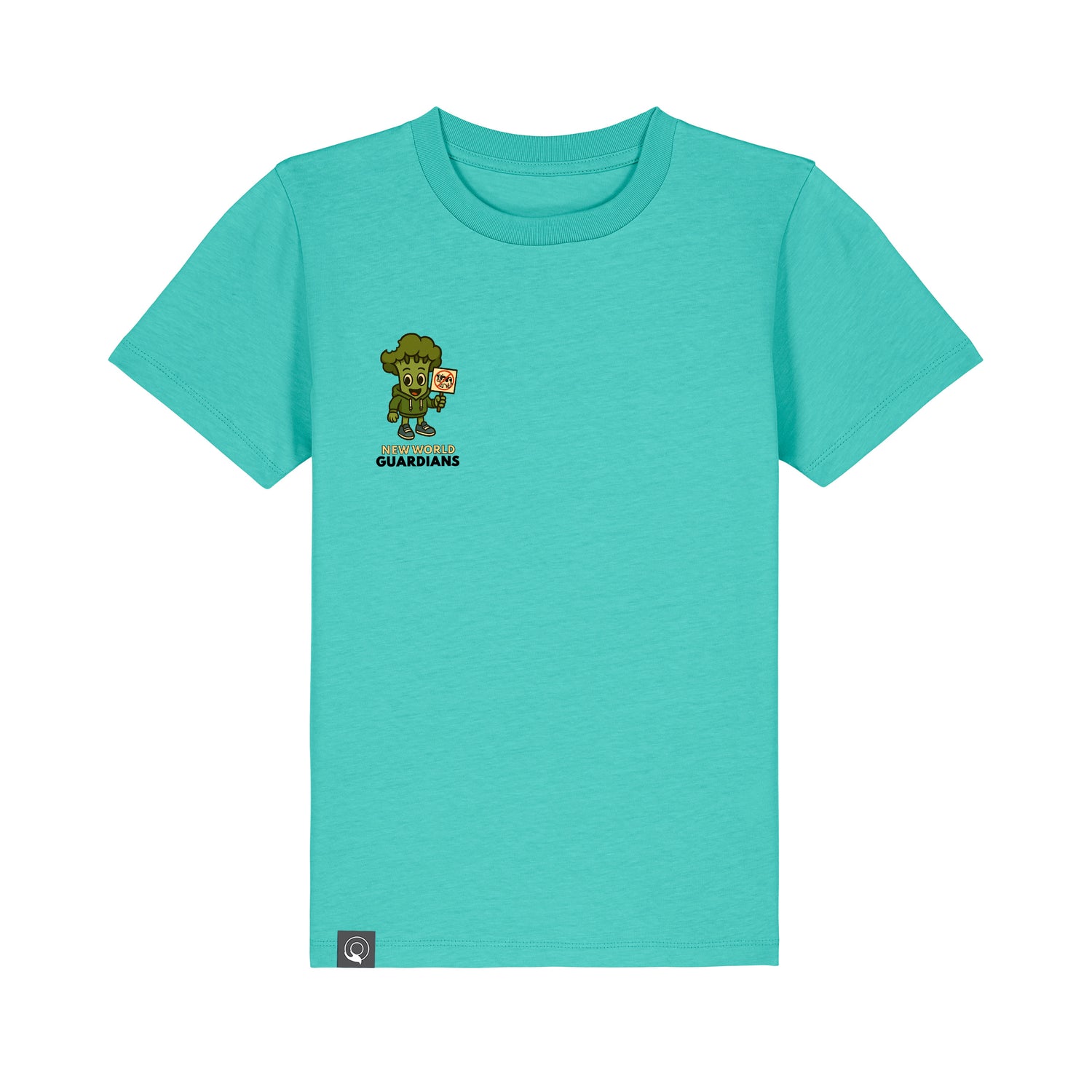 Roots for Our Future kids t-shirt organic cotton in pool blue with Steamy vegan hero print