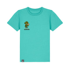 Roots for Our Future kids t-shirt organic cotton in pool blue with Steamy vegan hero print