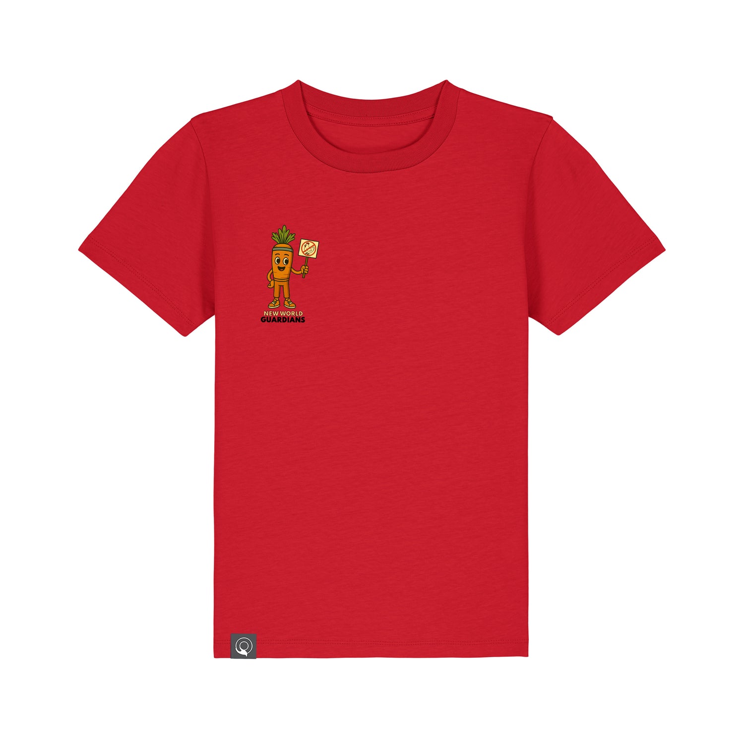 Red kids t-shirt made from organic cotton featuring vegan hero Crunch cartoon character, ethical fashion