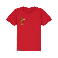 Red kids t-shirt made from organic cotton featuring vegan hero Crunch cartoon character, ethical fashion