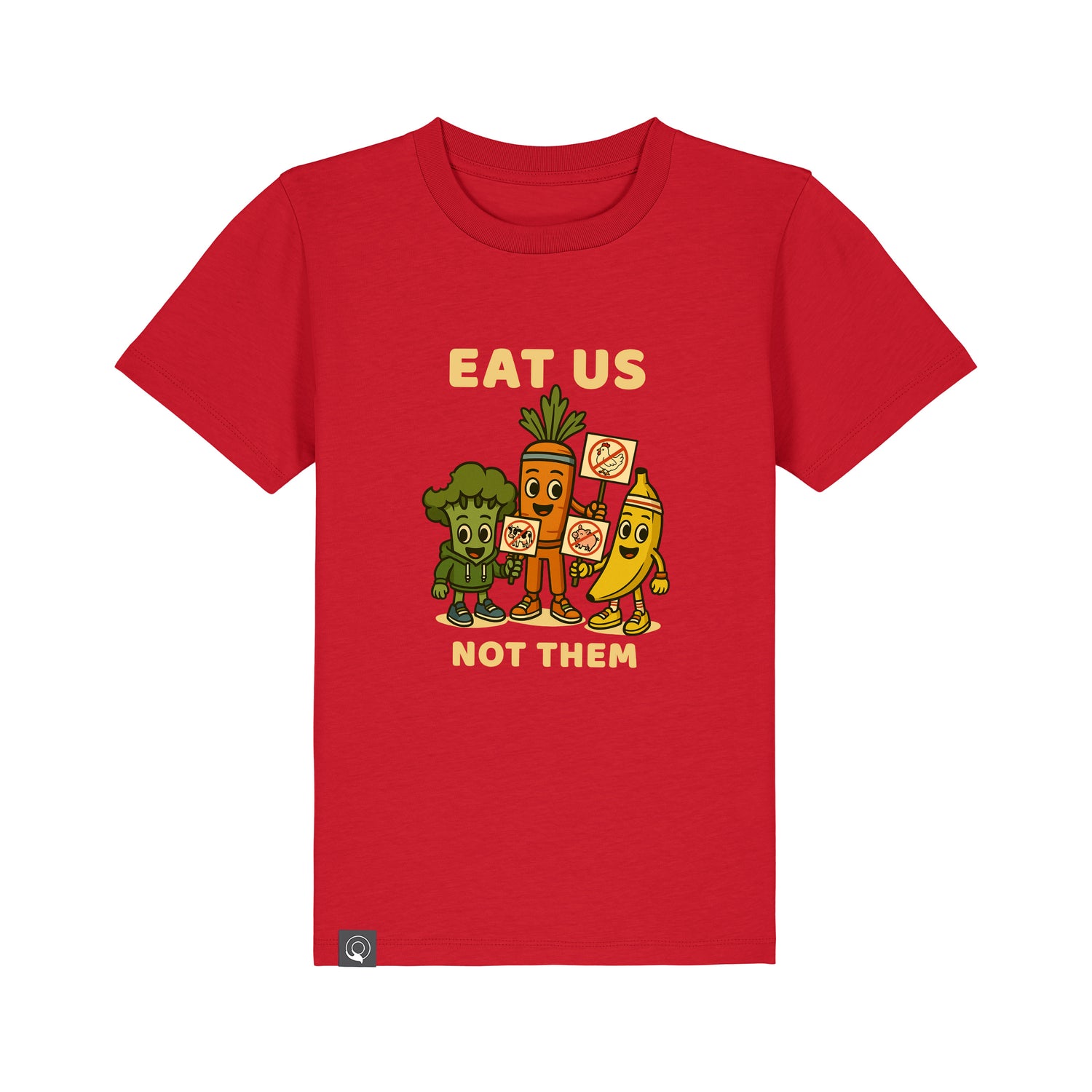 Eco-friendly red kids t-shirt with Full Squad vegan hero design, organic cotton, available in ten colors