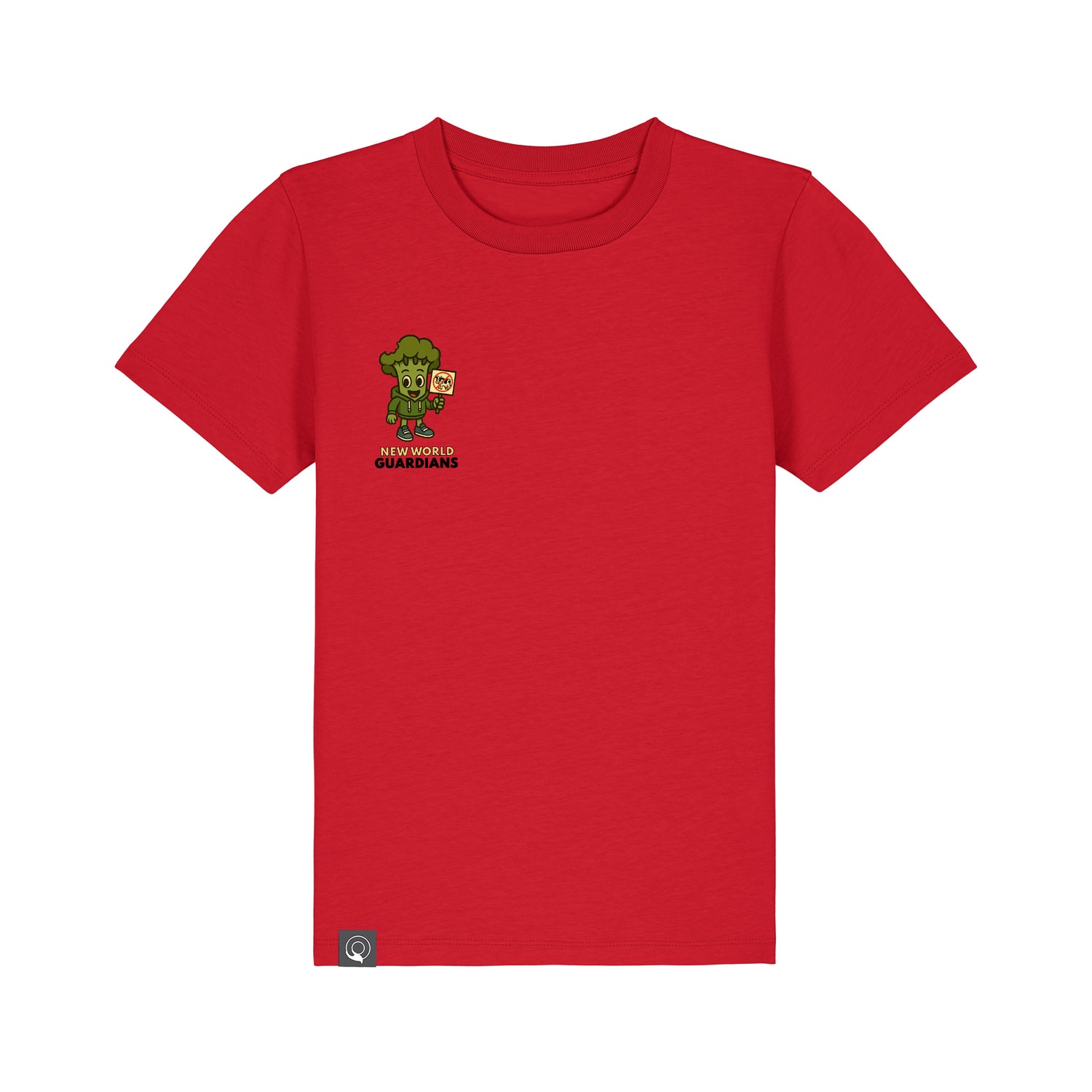 Organic cotton kids t-shirt in red with Steamy vegan hero design, sustainable and ethical, 10 colors