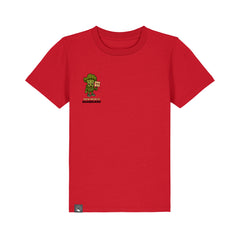 Organic cotton kids t-shirt in red with Steamy vegan hero design, sustainable and ethical, 10 colors