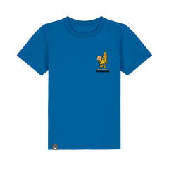 Blue organic cotton kids t-shirt with Bany vegan hero design, sustainable clothing in 10 colors