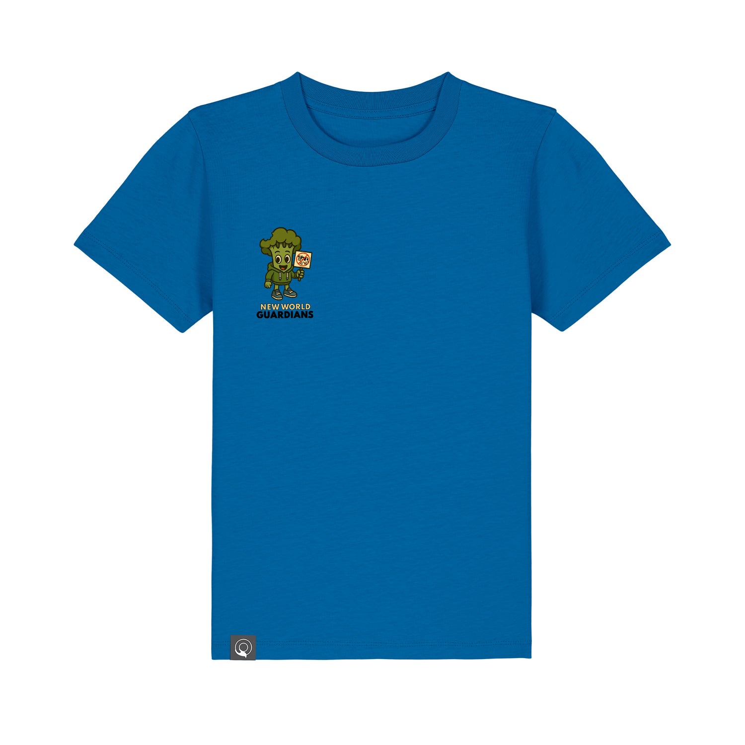 Royal blue sustainable kids t-shirt with Steamy vegan hero graphic, eco-friendly organic cotton, 10 colors
