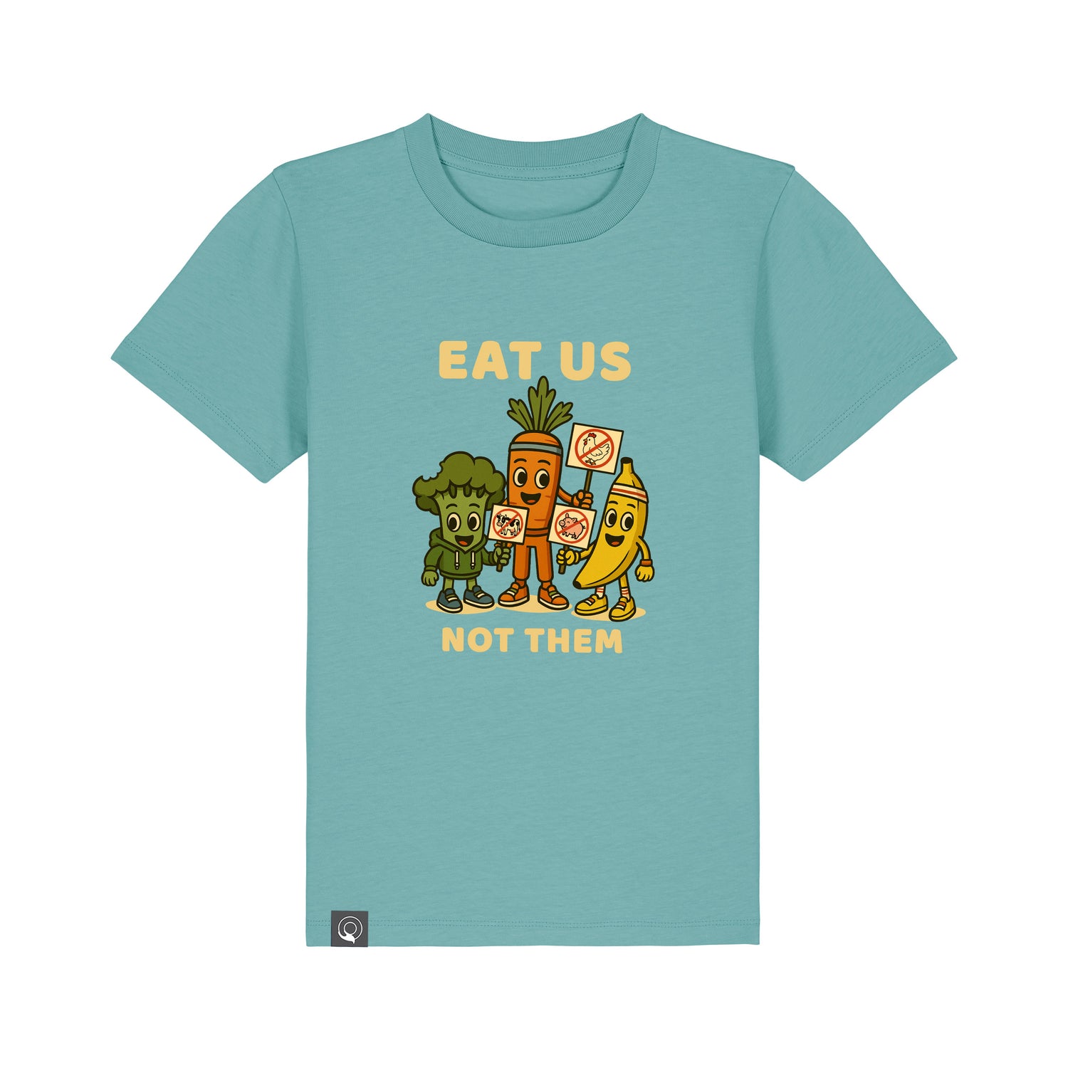 Sustainable children’s t-shirt in green organic cotton with Full Squad hero graphic, Roots for Our Future, 10 colors