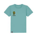 Roots for Our Future collection – green kids t-shirt with Steamy hero print, 100% organic cotton, ten colors