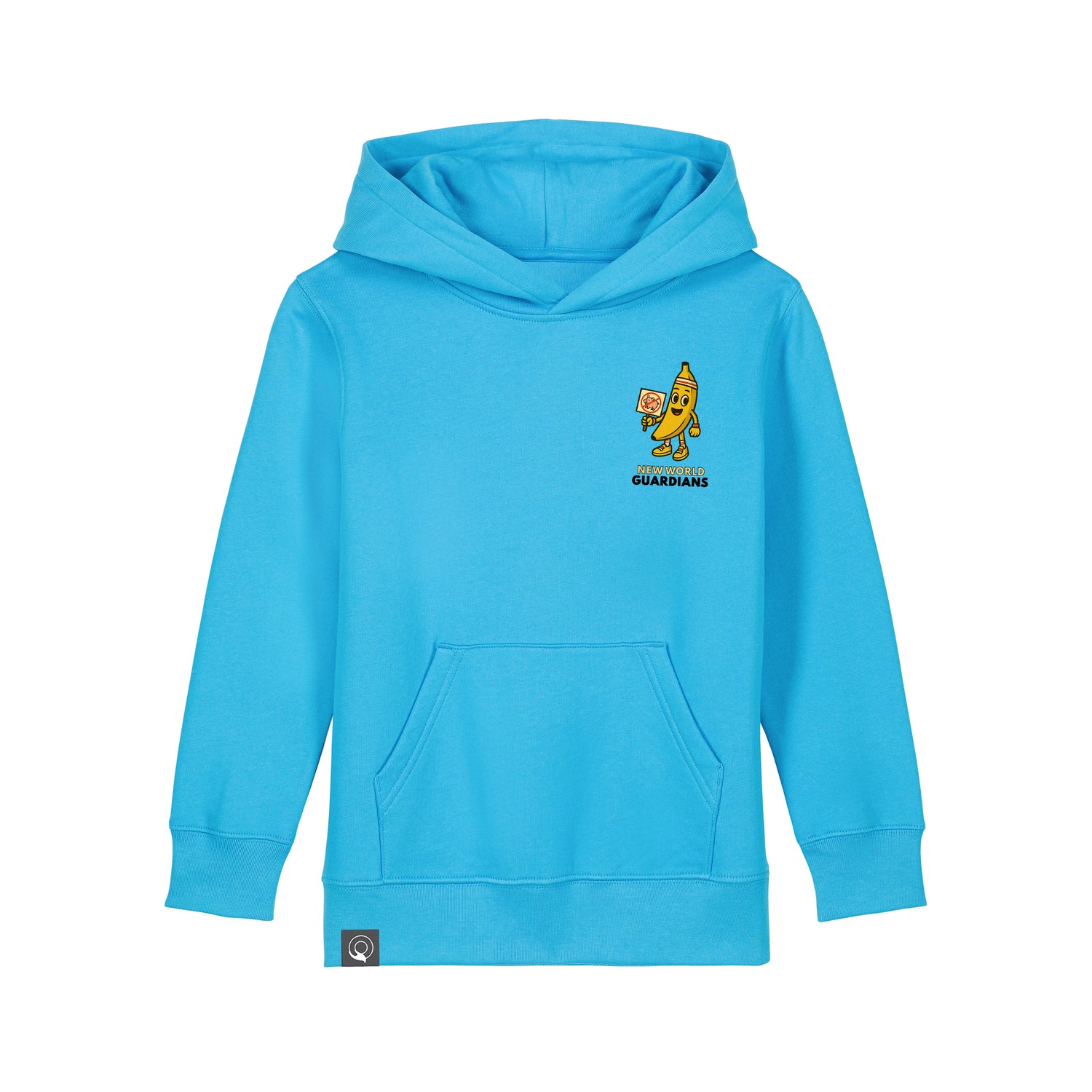 Vegan Rebel kids hoodie in organic cotton with Bany hero print, sustainable style in blue, 10 colors options
