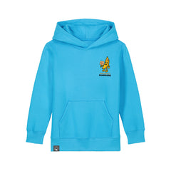Vegan Rebel kids hoodie in organic cotton with Bany hero print, sustainable style in blue, 10 colors options