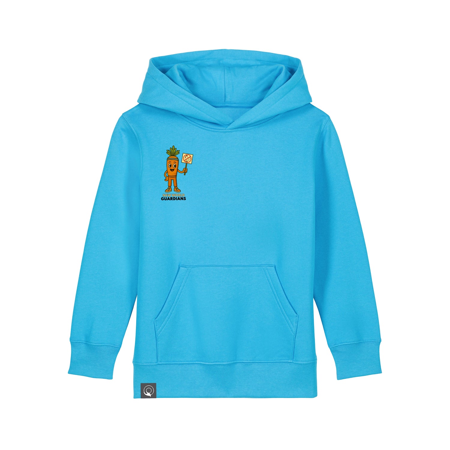 Vegan Rebel kids hoodie in organic cotton, aqua blue with Crunch vegan hero print, Roots for Our Future, 10 colors
