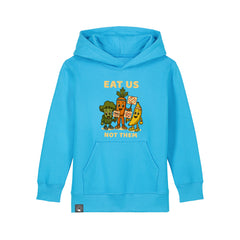 Eco-friendly organic cotton kids hoodie in aqua blue with Full Squad vegan hero design, Roots for Our Future, 10 colors