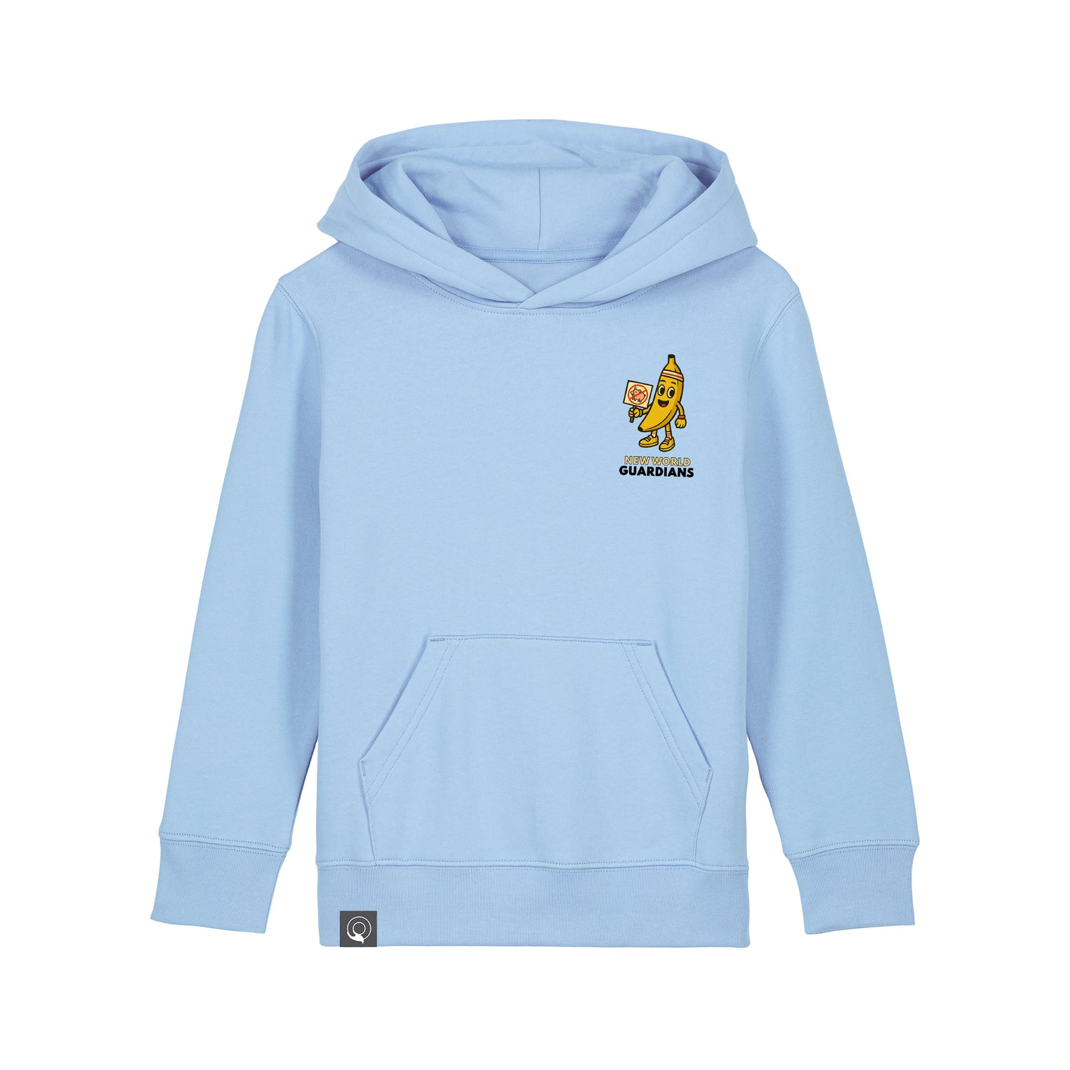 Organic cotton light blue kids hoodie with Bany vegan hero design, eco-friendly fashion in 10 colors