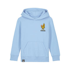 Organic cotton light blue kids hoodie with Bany vegan hero design, eco-friendly fashion in 10 colors