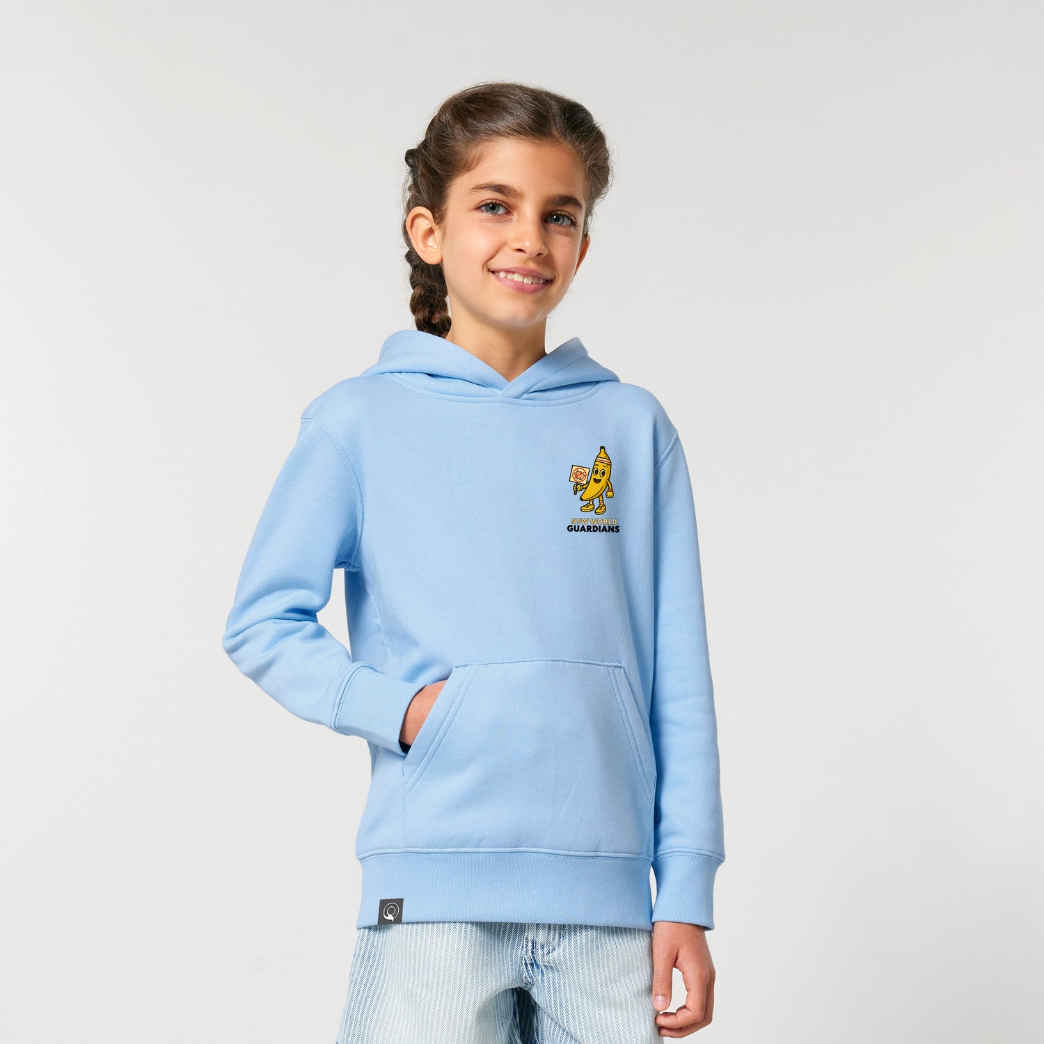 Eco-friendly kids hoodie in organic cotton with Bany hero design, light blue, modeled by child, Roots for Our Future, 10 colors options