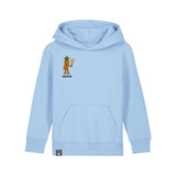Eco-friendly kids clothing – light blue hoodie with Crunch plant hero graphic, made from organic cotton, 10 colors
