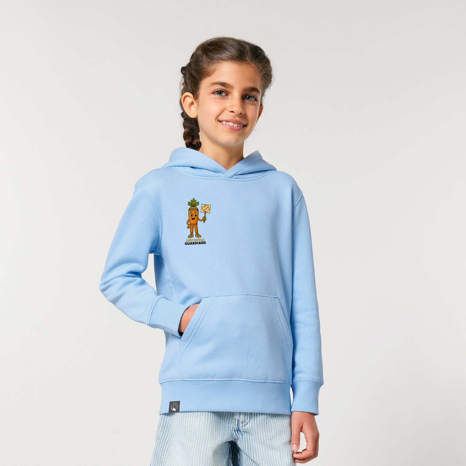 Happy child in cozy light blue hoodie with Crunch plant hero graphic, Roots for Our Future, ten colors