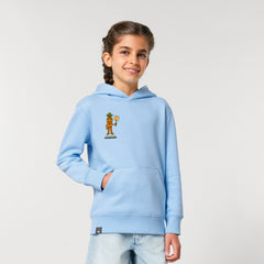Happy child in cozy light blue hoodie with Crunch plant hero graphic, Roots for Our Future, ten colors