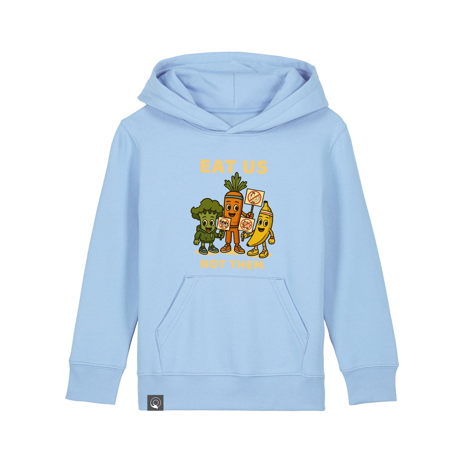 Organic cotton kids hoodie in light blue with Full Squad hero design, eco-friendly and ethical, 10 colors