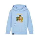 Organic cotton kids hoodie in light blue with Full Squad hero design, eco-friendly and ethical, 10 colors