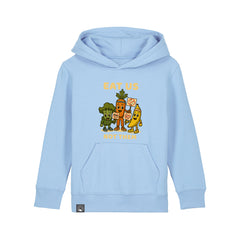 Organic cotton kids hoodie in light blue with Full Squad hero design, eco-friendly and ethical, 10 colors
