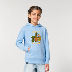 Roots for Our Future collection – child in light blue organic cotton hoodie with Full Squad vegan hero print, 10 colors options