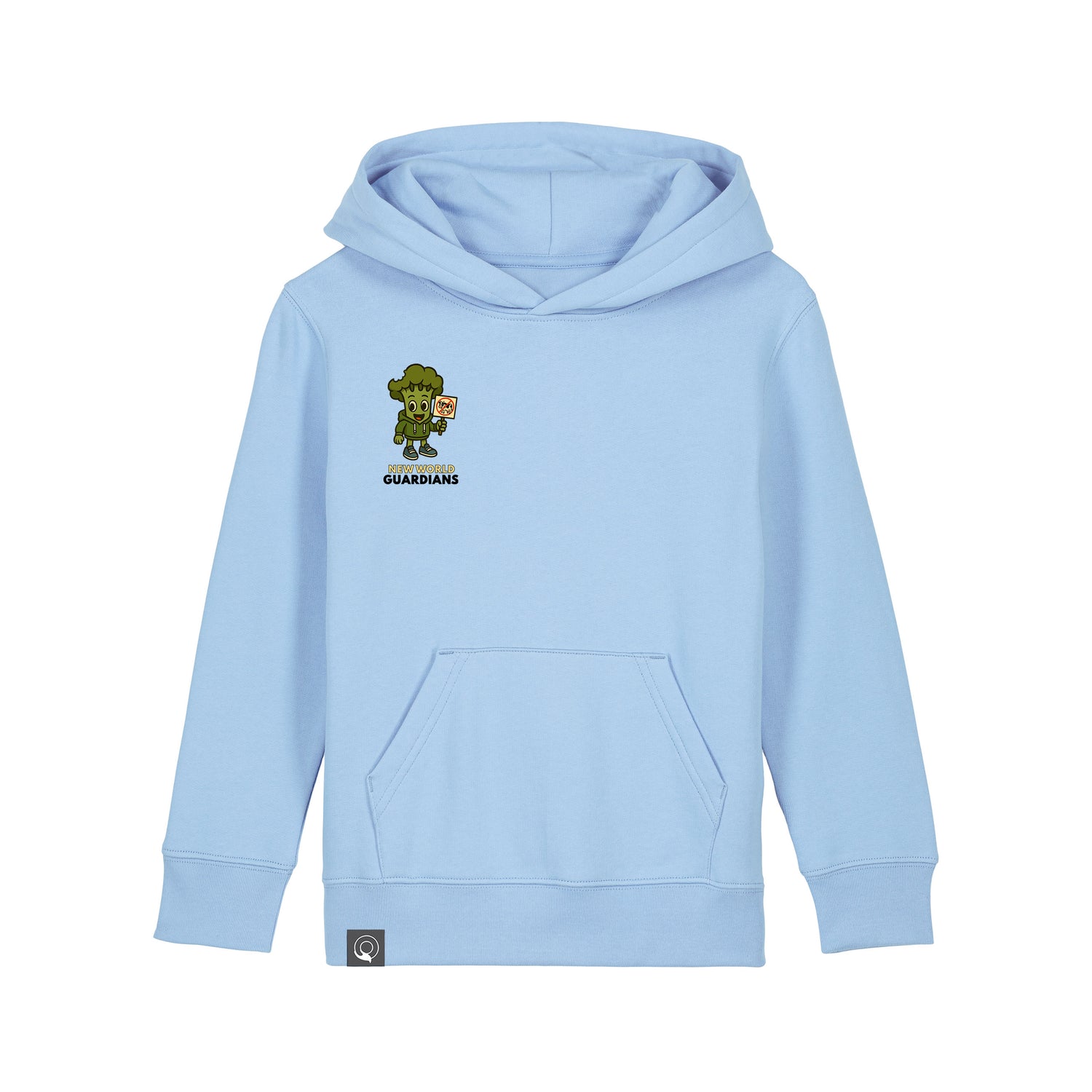 Organic cotton kids hoodie in light blue with Steamy vegan hero design, eco-friendly fashion in 10 colors
