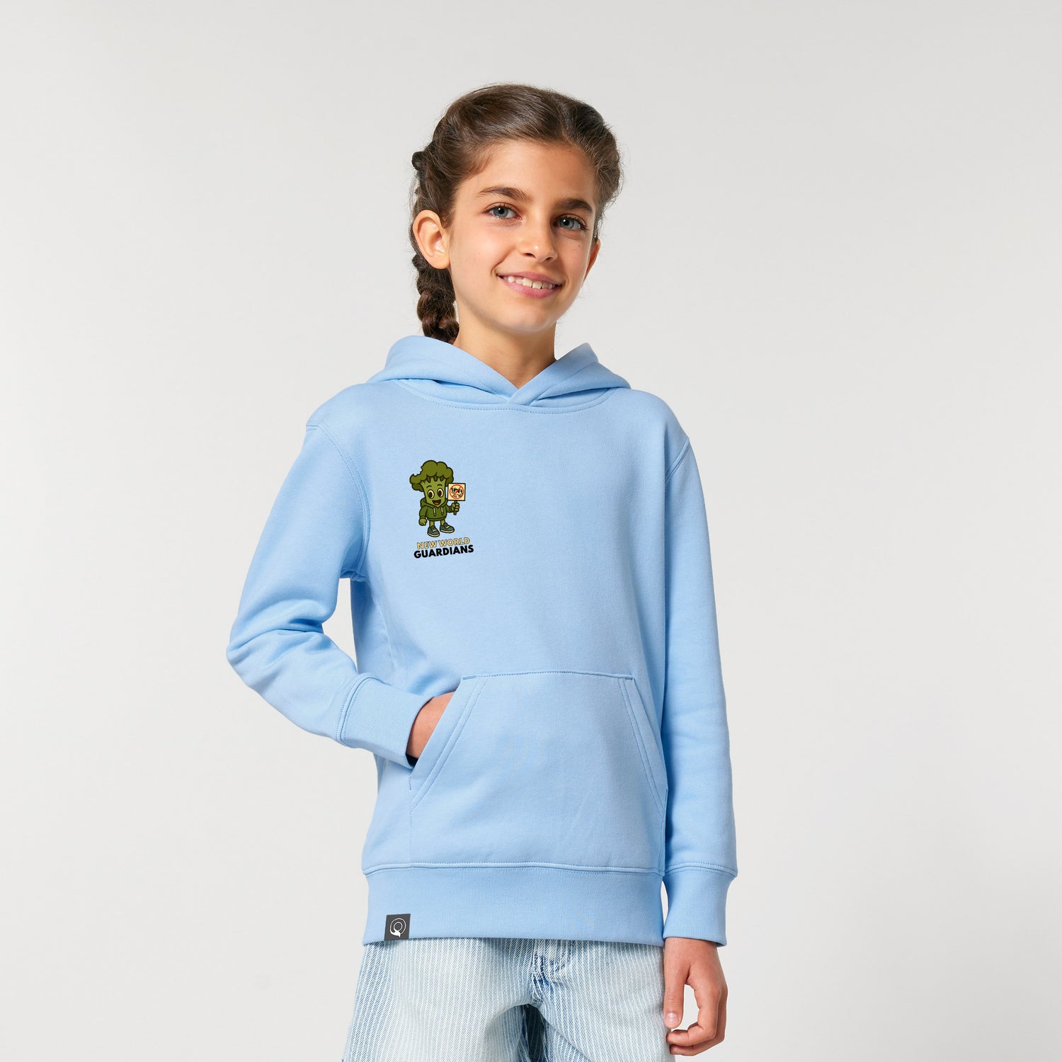 Happy child in sustainable light blue hoodie made from organic cotton with Steamy hero design, Roots for Our Future, 10 colors