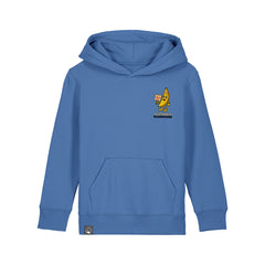 Roots for Our Future collection – blue sustainable kids hoodie in organic cotton with Bany hero print, 10 color variations