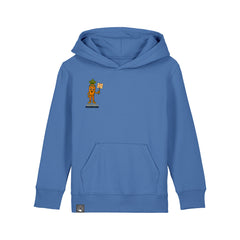 Organic cotton hoodie for kids in bright blue with Crunch plant hero design, sustainable fashion in 10 colors