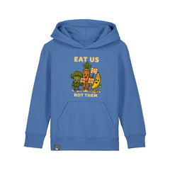 Eco-friendly bright blue kids hoodie with Full Squad vegan hero graphic, made from organic cotton, ten colors
