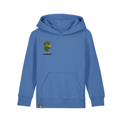Vegan Rebel kids hoodie in organic cotton with Steamy hero print, bright blue, sustainable and fair, 10 colors