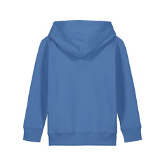 Back view of eco-friendly organic cotton hoodie in bright blue with vegan hero design, 10 colors