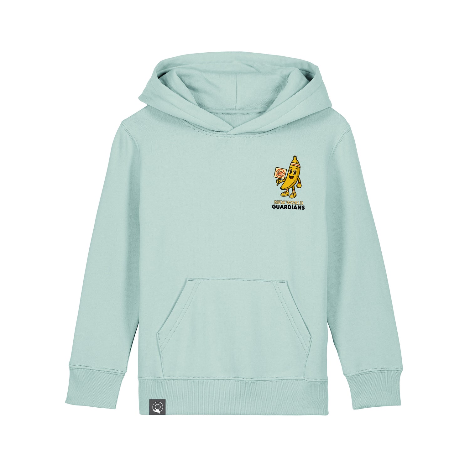 Eco-friendly caribbean blue organic cotton hoodie for kids with Bany vegan hero graphic, sustainable fashion, 10 colors
