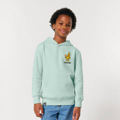 Child wearing caribbean blue organic cotton kids hoodie with Bany vegan hero print, sustainable fashion, 10 colors available