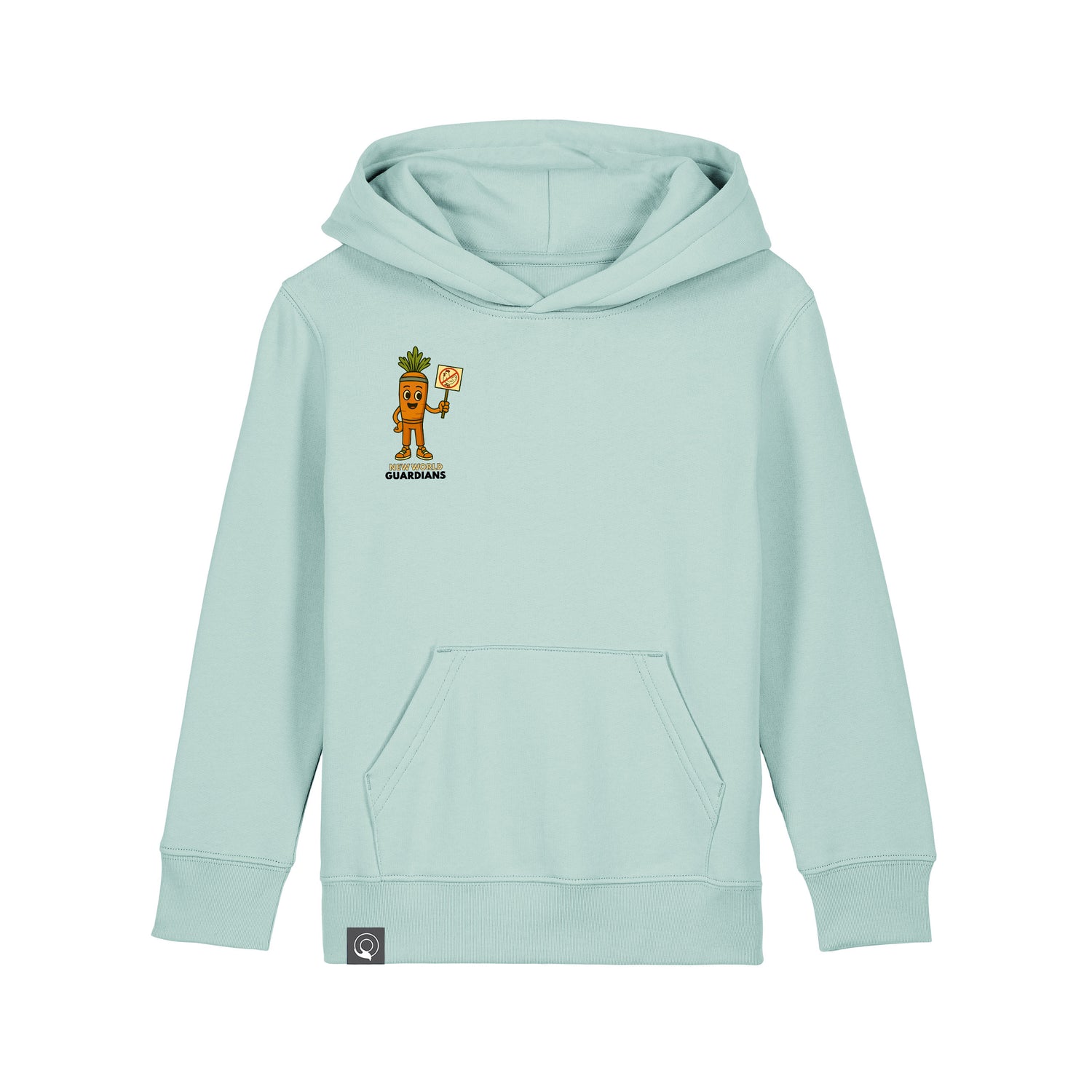 Organic cotton light turquoise hoodie for children with Crunch vegan hero design, sustainable fashion, 10 colors
