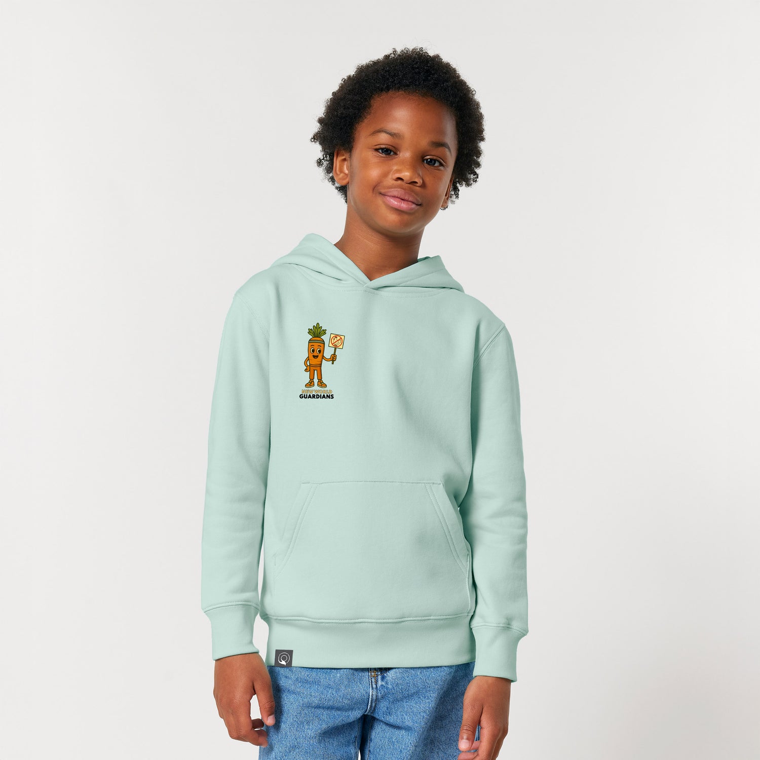 Eco-friendly children’s hoodie in light turquoise with Crunch plant hero print, made from organic cotton, worn by child, 10 colors
