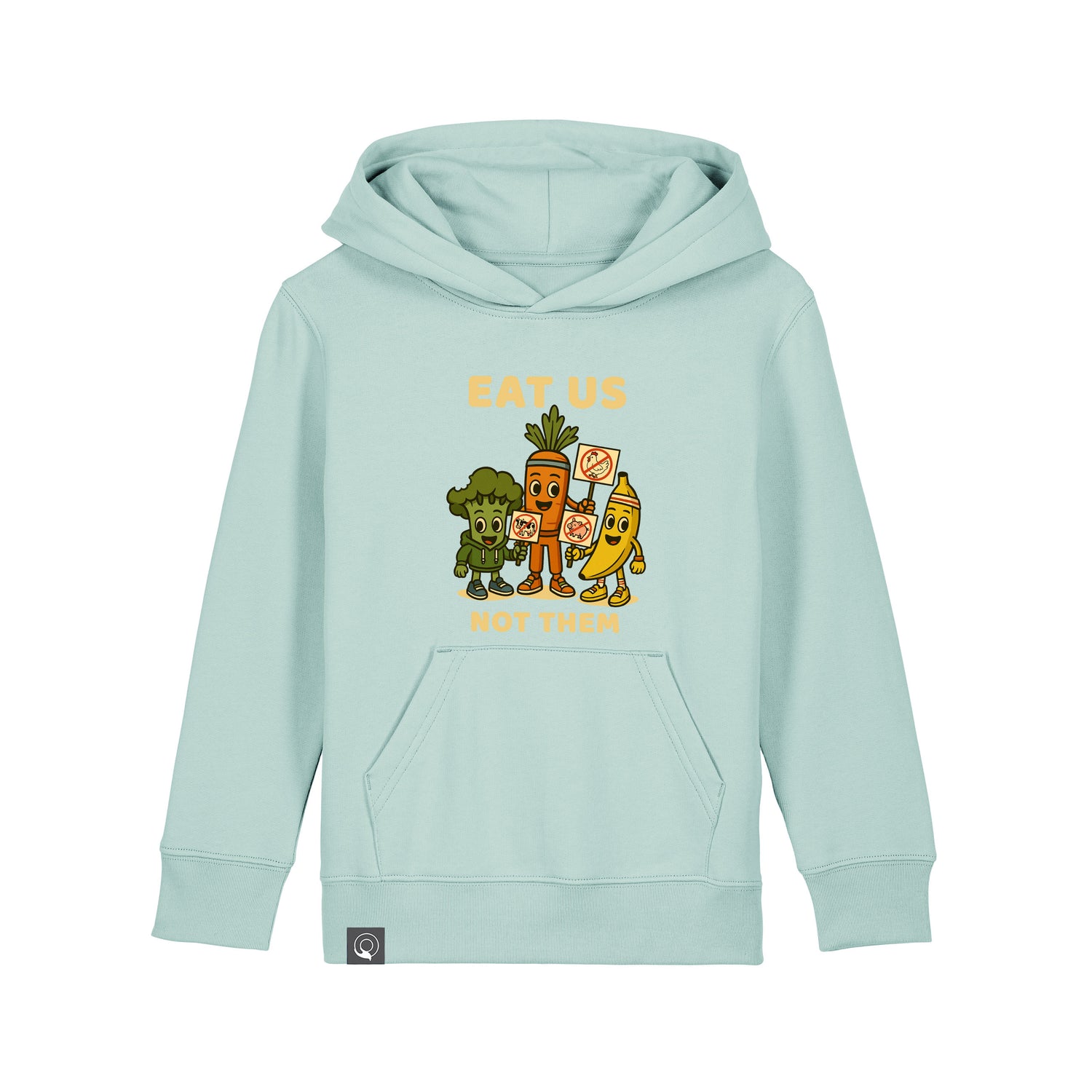 Roots for Our Future sustainable kids hoodie in caribbean blue with Full Squad vegan hero print, 10 color variations