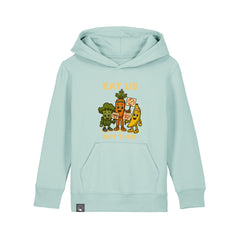 Roots for Our Future sustainable kids hoodie in caribbean blue with Full Squad vegan hero print, 10 color variations