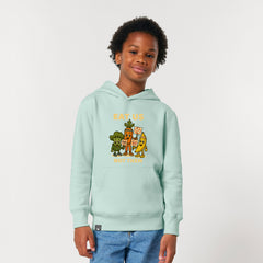 Child in eco-friendly kids hoodie made from organic cotton with Full Squad vegan hero design, caribbean blue, 10 colors