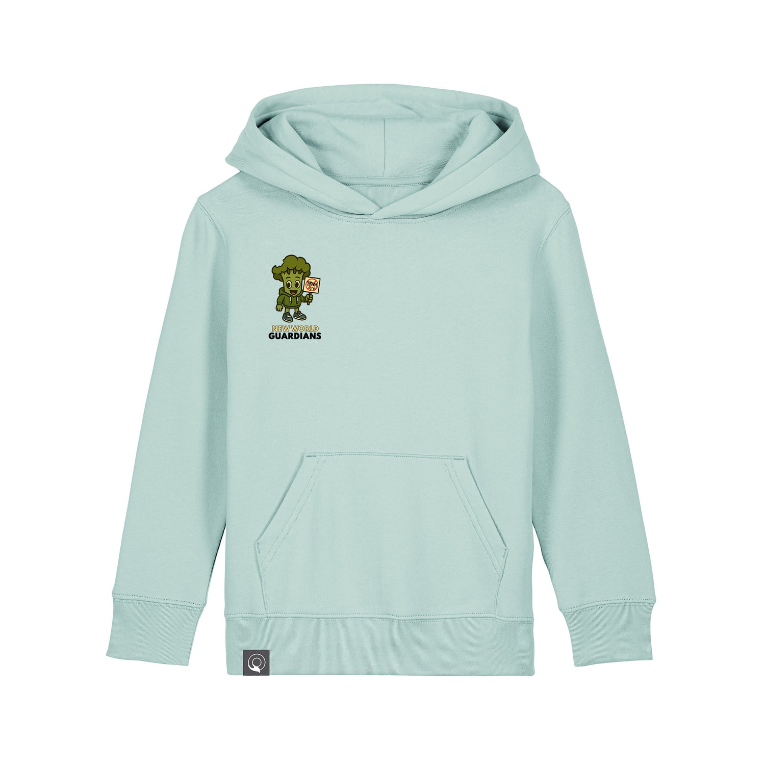 Organic cotton sustainable kids hoodie in light green with Steamy vegan hero print, 10 colors available