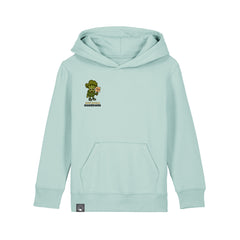 Organic cotton sustainable kids hoodie in light green with Steamy vegan hero print, 10 colors available